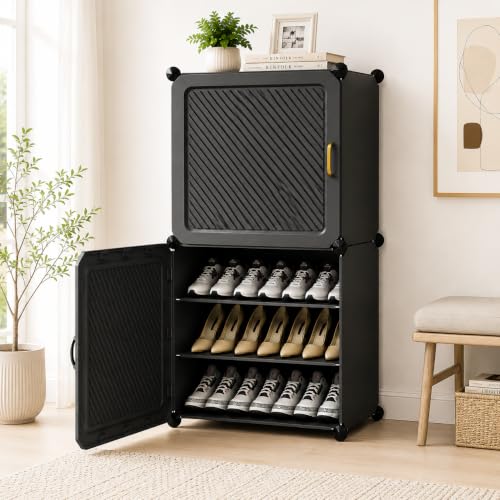 Image of LUVHOMEE Plastic Shoe Rack for Home with Door, 3-Door Shoe Storage Cabinet | 6-Shelfs for 12 Pairs | Waterproof & Portable DIY Shoe Slipper & Chappal Stand for Entryway /Bedroom (Grey-HS1-6)