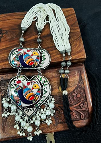 Afghani Ethnic Indian Silver Oxidized Fashion Handmade Pearl Handpainted Long Necklace Jewelry2