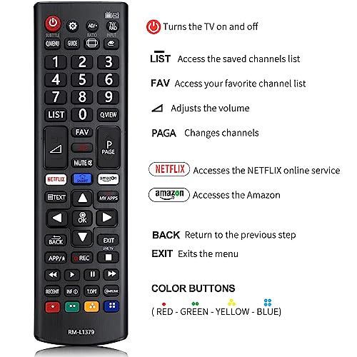 Universal Mando a Distancia para LG Smart TV RM-L1379, Ajuste a Distancia con Netflix, Amazon, Botones-No se Requiere configuración Control Remoto