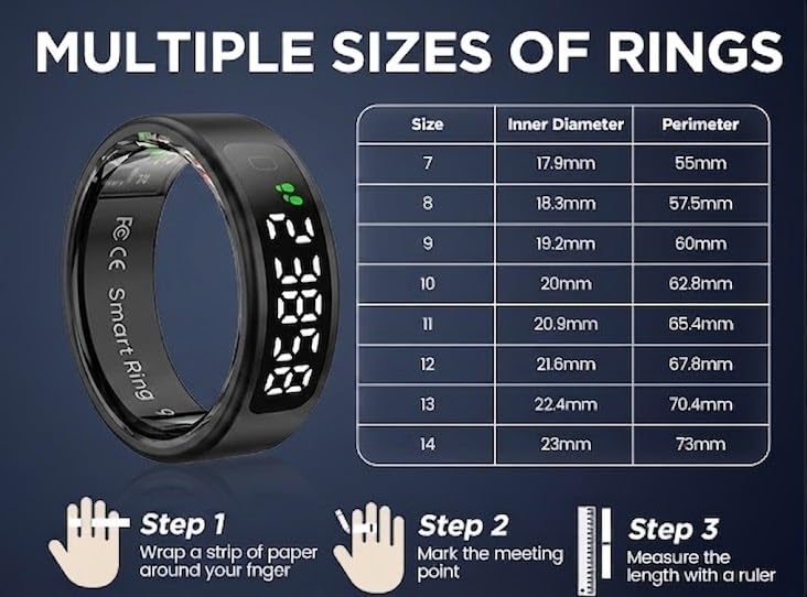 Image of Aeoss AI Smart Ring with LED Display, Real-Time Health Tracker & Monitor Sleep, Prayer Count, Gesture Control for Music and Camera, 5ATM IP68 Waterproof (Black, Size-8)