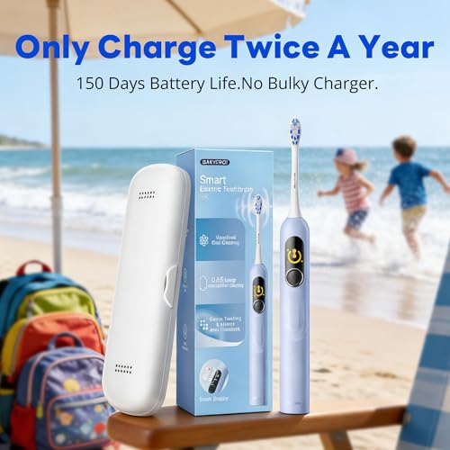 Image of SAKYPRORAL Kids Electric Toothbrush for Teens Tween (6-15Y), Smart AI Screen with Brushing Score, Soft Bristles, Visual Timer for Braces, 150 Days Battery with Travel Case (Blue)