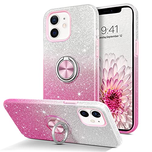 Coque iPhone 12 fine抗摔 rose pailleté avec béquille anti-chute pour écran 6.1