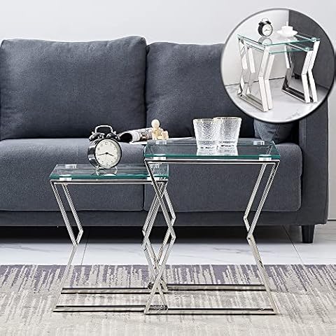 ZOONFA Glass Nest of Tables with 100% Stainless Steel Frame, Stackable Chrome Nesting Tables End Tables Side Tables Lamp Table for Living Room Space Saving- Clear Tempered Glass Top (Set of 2) Cover