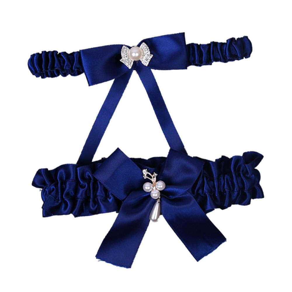Frauen Sexy Elastische Spitze Schleife Strumpfband,Spitze Beinring Perle Strumpfband-Flacher Champagner,Spitze Hochzeit Strumpfbänder für die Braut (Marineblau)