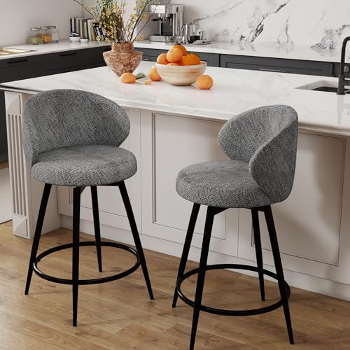 Image of 360 Swivel Modern Bar Stool Set of 2, 26 inch Upholstered Counter Height Bar Stools with Wingback, Soft Linen Fabric, Counter Chairs with Arm for Kitchen Island or Home Bar, Grey