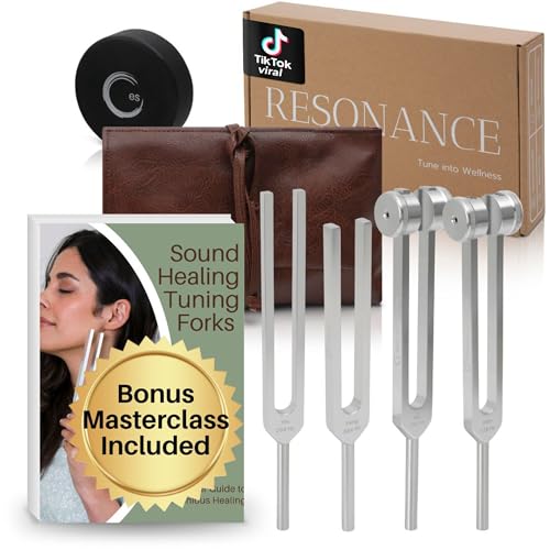 Resonance Tuning Fork for Healing Set – 128Hz, 136.1Hz, 256Hz, 384Hz for Stress Relief, Sleep, Chakra Balance and Nervous System Reset | Activator + Pouch | Weighted & Unweighted