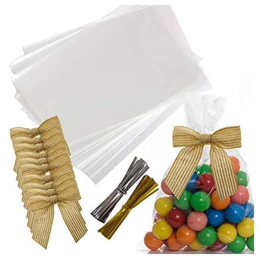 VANILILA Clear Cellophane Treat Bags 100ct with Ties & 10 Bows - 40MM Thickness 6x9" Flat Goodie Bags for Packaging Party Favors, Candy, Sweets, Snacks- Cello Bags for Wedding, Parties, Events, Bakery