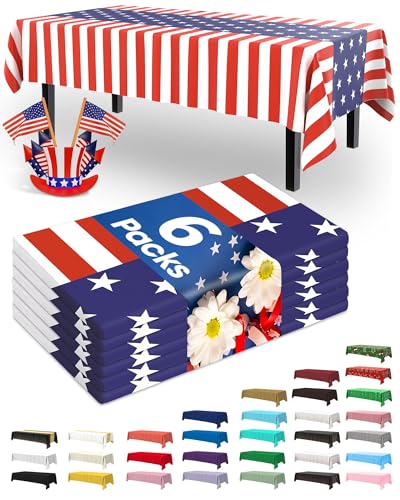 Pureegg 4th of July Decorations USA 250th Anniversary Plastic Tablecloth 6 Pack, Patriotic American Flag Waterproof Table Cover 54 x 108 Inch for Independence Day BBQ Picnic Party