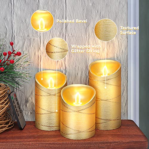 Crystal Club Flickering Flameless Candles With Timer, Set Of 3 Led Candles With Glittering String, Gold Candles With Remote Control & Battery Operated Led Candles For Home Mantel Decal #TOP3