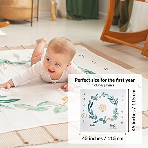 Baby Milestone Blanket | Cotton Muslin Blanket | Monthly Milestone Blanket For Baby Boy Or Girl, Unisex | Newborn Baby Shower Present For New Mums | Flowers & Leaves Theme | Includes Wooden Frames #TOP4