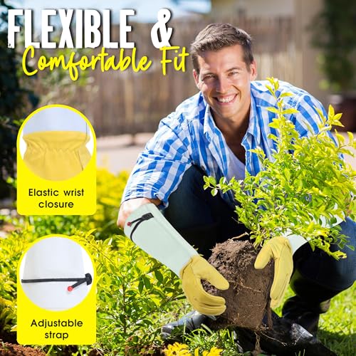 Image of HANDLANDY Rose Pruning Gardening Gloves for Men Women, Thorn Proof Forearm Protection Leather Garden Gloves, Gardening Gifts for Gardeners (Golden Yellow, X-Large)