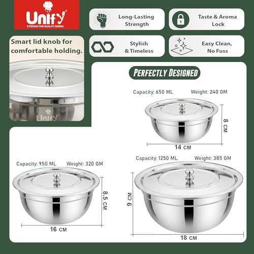 Image of Unify 3 Pieces Stainless Steel Serving Bowl Set with Lid | Steel Serving, Storage & Mixing Bowls | Multipurpose Kitchen Prep Bowl | Mirror Finish Container for Dining & Storage (Lumina Design)