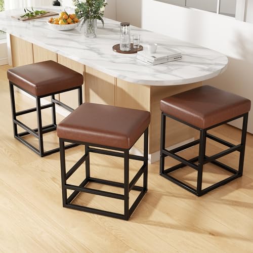 Image of Bar Stools Set of 4, 24in Counter Height Barstools, Faux Leather Counter Stools with Thick Square Seats & Sturdy Metal Base, Modern Bar Chairs for Kitchen Island (Dark Brown)