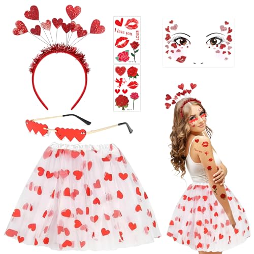 LETTERASHQP Amor Kostüm Damen 6 Stück Karneval Kostüm Amor Set Valentinstag Herz Stirnband Pailletten Herzchen Tutu Romantische Amor Kostüm...
