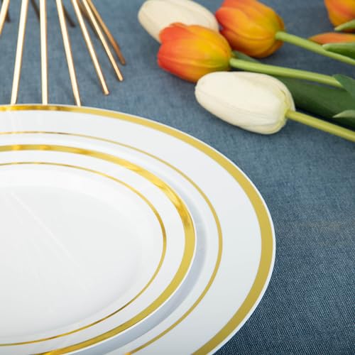 N9R 600PCS Disposable Plastic Plates, Gold Plastic Dinnerware Set Includes 100 Dinner Plates, Dessert Plates, Cups, Spoons, Forks, Knives for 100 Guests, Perfect for Party, Wedding, Birthday
