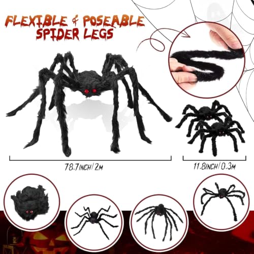 Image of Giant Spider 6.6 Ft + 0.98 Ft*2, Halloween Decorations 78 inch Fake Halloween Decor Spiders Large, Furry Spiders for Outdoor Indoor Yard Home Costumes Party House Decor, 3 Packs