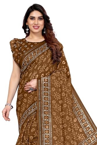 MIRCHI FASHION Sari de mezcla de algodón para mujer, estilo Batik, estampado abstracto, con blusa, Marrón, talla única