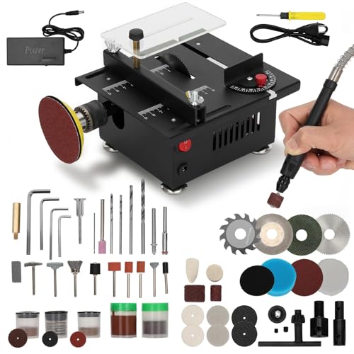Mini Table Saw for Crafts Portable Table Saw with Dual 795 Motors & Independent Switches 200W 12000 RPM 0-26mm Depth 4 Blades + Sanding Disc + Drill Chuck for Wood PCB Acrylic Plastic Small Table