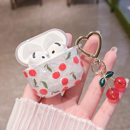 Image of MINSCOSE for AirPods 4 Clear Case,Cute Glitter Cherry Leaves Pattern Aesthetic Design with Cherry HeartShaped Keychain,Soft TPU Protective Shockproof Case for Women Girls for Airpods 4-Red