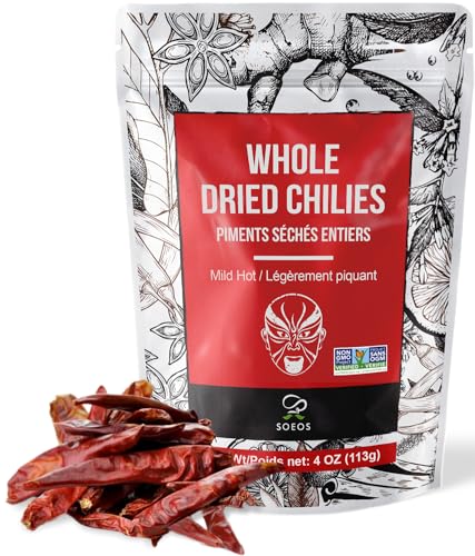 Soeos Whole Dried Chilies 4 oz, Mild Spicy Chili Peppers, Red Chili Pepper, Natural, Premium and Dry Sichuan Chile Peppers, Sichuan Pepper, Dried Peppers – Great for Mexican Recipes