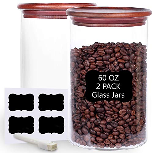 Tzerotone Glass Coffee Bean Storage Containers2 Piece 60oz Thicken Airtight Food Canisters with Acacia Lid and LabelsStackable Large Glass Jar for Ground Coffee Rice Cookie Tea Flour Sugar