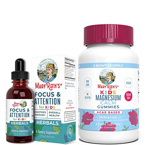 Usda Organic Focus & Attention Kids Drops & Kids Magnesium Citrate Gummies Bundle By Maryruth's | Brain & Memory Drops | Magnesium Supplement | Stress Relief, Bone, Nerve, Gut Health | Vegan. #TOP27