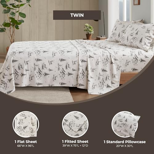 Image of Woolrich Cotton Sheet Set Cottage Charms Print, 100% Cotton Flannel Sheets Warm & Fuzzy Bedding Set Twin Size Sheets, Fitted Pocket Fits Up to 12 inch Mattress, Twin Gray Deer Toile 3 Piece
