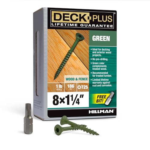 Image of Deck Plus 1-1 /4 Inch Epoxy Coated Exterior Wood and Fence Screws #8 x 1-1 /4 inch Torx /Star Drive Included Coarse Thread, Outdoor Rust Resistant Decking Screw, Green, 1lb Box, 186 Pieces | 48396
