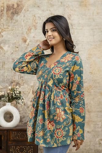 Image of LABEL ADRIJA Cotton V Neck Anarkali Short Kurti for Women Full Sleeve Floral Print | Short Kurtis for Women on Jeans