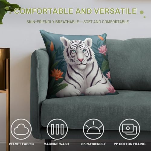 Fundas de cojín de felpa de tigre blanco decorativas con cremallera para cama y sofá 5