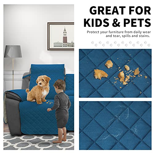 Image of Easy-Going Loveseat Recliner Cover with Console, Reversible Couch Cover for Living Room, Split Sofa Cover for Each Seat with Elastic Straps for Kids, Dogs, Pets(2 Seater, Peacock Blue /Beige)