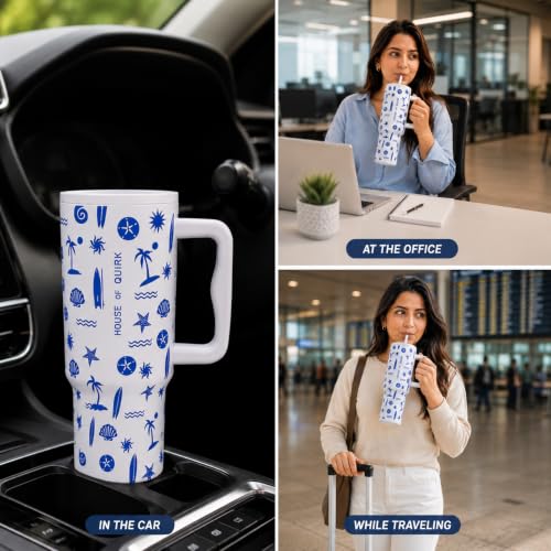Image of House of Quirk 1200ML Stainless Steel Tumbler with Handle & Lid, 2 Straws - Large Travel Mug Water Cup for Gym, Office & Outdoor Use (Seanova)