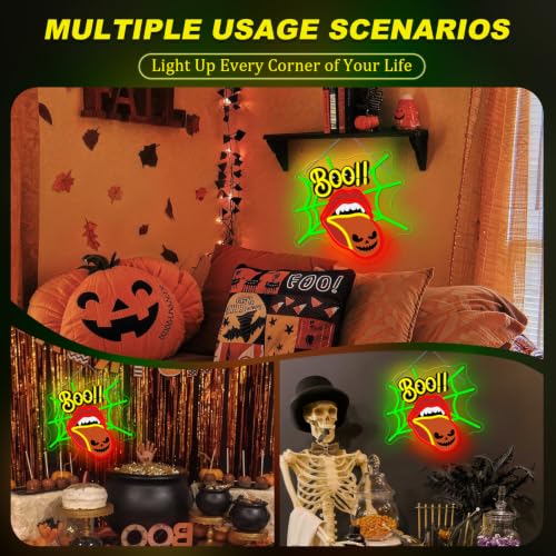 Image of Halloween Neon Sign BOO Neon Light Creepy Tongue Spider Web Wall Decor