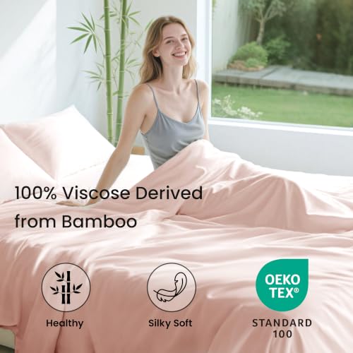 Image of Love's cabin 4 Piece California King Size Sheet Set, 100% Rayon Derived from Bamboo, Cooling & Breathable, Soft Silky Deep Pocket up to 16 inch, Hotel Luxury Bedding for Hot Sleepers, Pink