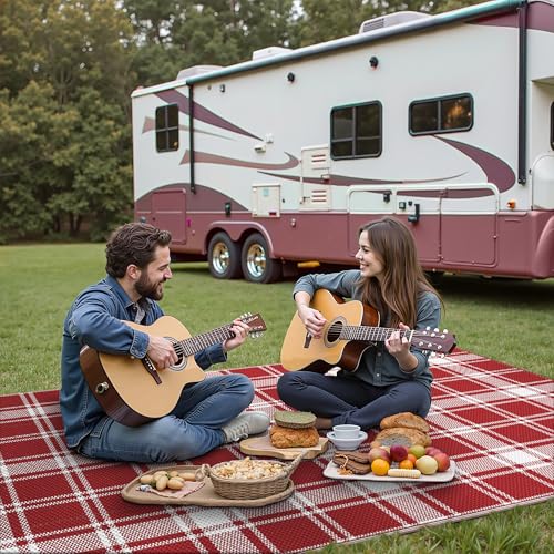Image of GENIMO Outdoor Rug 3'x5' Waterproof for Porch, Plastic Door Mat Red Plaid | Outside Modern Carpet for Patio Decor, Balcony, Deck, Backyard, Picnic, Camping, RV, Reversible, Foldable, Lightweight