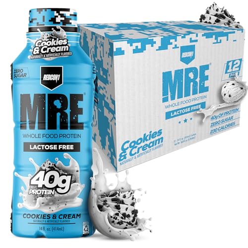 REDCON1 MRE Ready to Drink Protein Shake, Cookies & Cream - Lactose + Whey Free RTD 40gr Protein Made with Real Whole Food Protein Blends - Keto-Friendly and Easy to Digest Nutritional Shake (12 Pack)