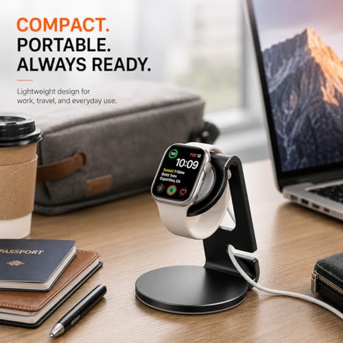 Image of Mizi Apple Watch Charger Stand, Aluminium Alloy Magnetic Charging Holder Compatible with Apple Watch Ultra 3 /2 /1, Series 11 /10 /9 /8 /7 /6 /5 /4 /3 /2 /1 & SE /SE2 /SE3, Desk & Nightstand Dock - Black