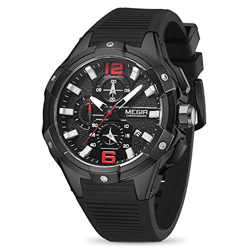 MEGIR 2020 Men's Quartz Sports Watches Chronograph Military Luminous Big Face with Silicone Strap ï¼ˆBlackï¼‰