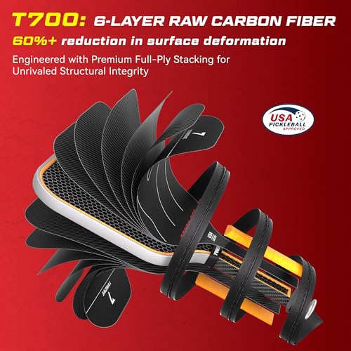 Image of USAPA Approved 6-Layer Construction T700 Carbon Fiber Pickleball Paddle, 16mm Thermoformed Pickleball Racket with High Spin & Extended Grip, Professional Pickleball Paddle for Control and Power