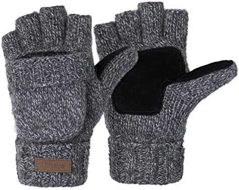 ViGrace Winter Knitted Convertible Fingerless Gloves Wool Mittens Warm Mitten Glove for Women and Men