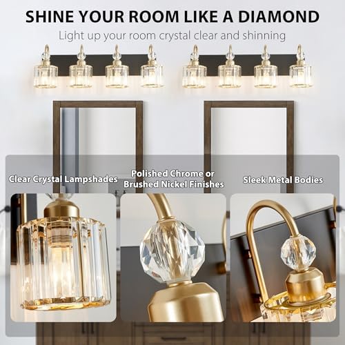 Image of Bathroom Vanity Light Fixtures Over Mirror - Makeup Lighting Black Gold - for Modern Wall, Bath, Desk, Farmhouse, Hallway - 4 Crystal Lights