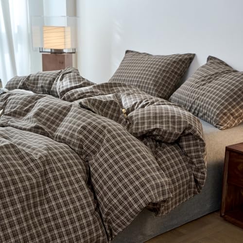 Image of EAVD Vintage Style Dark Grey Gingham Plaid Duvet Cover Twin 100% Washed Cotton Like Linen Feel Soft 3-Piece Grid Plaid Bedding Set with 2 Pillowcases Reversible Geometric Duvet Cover with Zipper