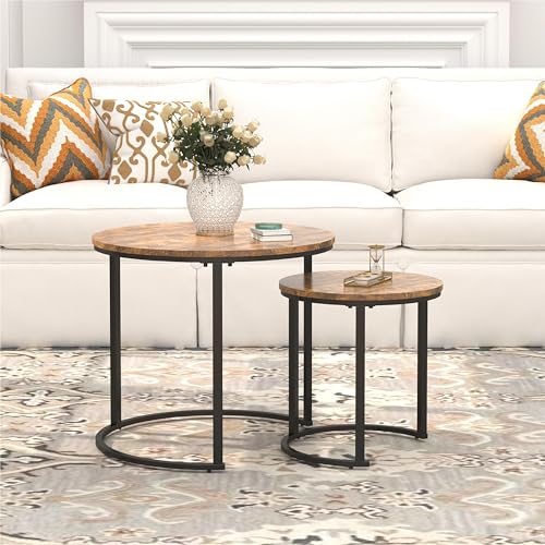 Coffee Table Nesting Table Set of 2 Side Set Black Frame Wooden Tables, Living Room Bedroom Apartment Modern Industrial Simple Nightstand (Black+Rustic Brown) - Image 5
