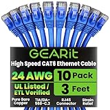 GearIT Cat 6 Ethernet Cable Pack - 10-Pack 3 ft Cat6 Ethernet Patch Cables | RJ45 Network Patch Cable, 10 Gbps Snagless Gold-Plated Connectors - Ethernet Cable Cat 6 for PC, TV, Router - Blue