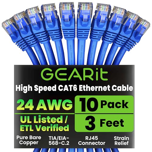 GearIT Cat 6 Ethernet Cable Pack - 10-Pack 3 ft Cat6 Ethernet Patch Cables | RJ45 Network Patch Cable, 10 Gbps Snagless Gold-Plated Connectors - Ethernet Cable Cat 6 for PC, TV, Router - Blue
