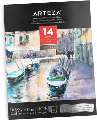 Arteza Bloc de papel acuarela de doble cara, 14 hojas de 300 gramos, tamaño 22,9 x 30,5 cm, 100% algodón, prensado en frío y sin ácido, cuaderno para acuarela y técnicas mixtas