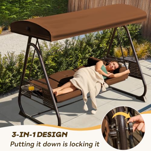 Image of 3 in 1 Outdoor Porch Swing with Adjustable Canopy, 3 Seat Outdoor Swing for Adults, Patio Swing Chair with Thickened Cushions,Pillows & Cup Holders for Backyard, Porch, Garden (Brown)