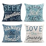Taysta Set of 4 Linen Throw Pillow Cover Seek Adventure Explore New Places Wander Wonder Love Journey Decorative Pillow Cases Covers Home Decor Square 18 x 18 Inches Pillowcases