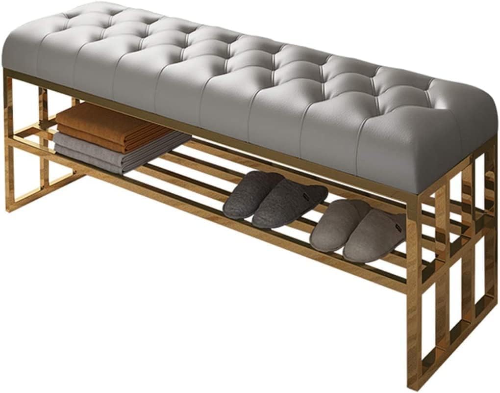 KLGFBDC Shoe Bench Storage and Rack, Stainless Steel Entryway Stool, Modern Leather Bench for Bedroom and Entrance