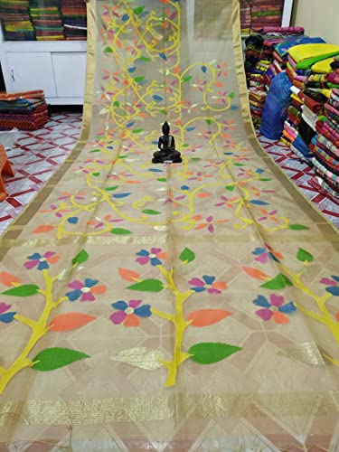 Sari de muselina jamdani beige de 5.5 metros tejido a mano tradicional de la India 2